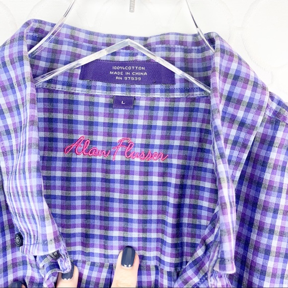Alan Flusser Purple Plaid Gingham Button Down Large - Picture 3 of 4